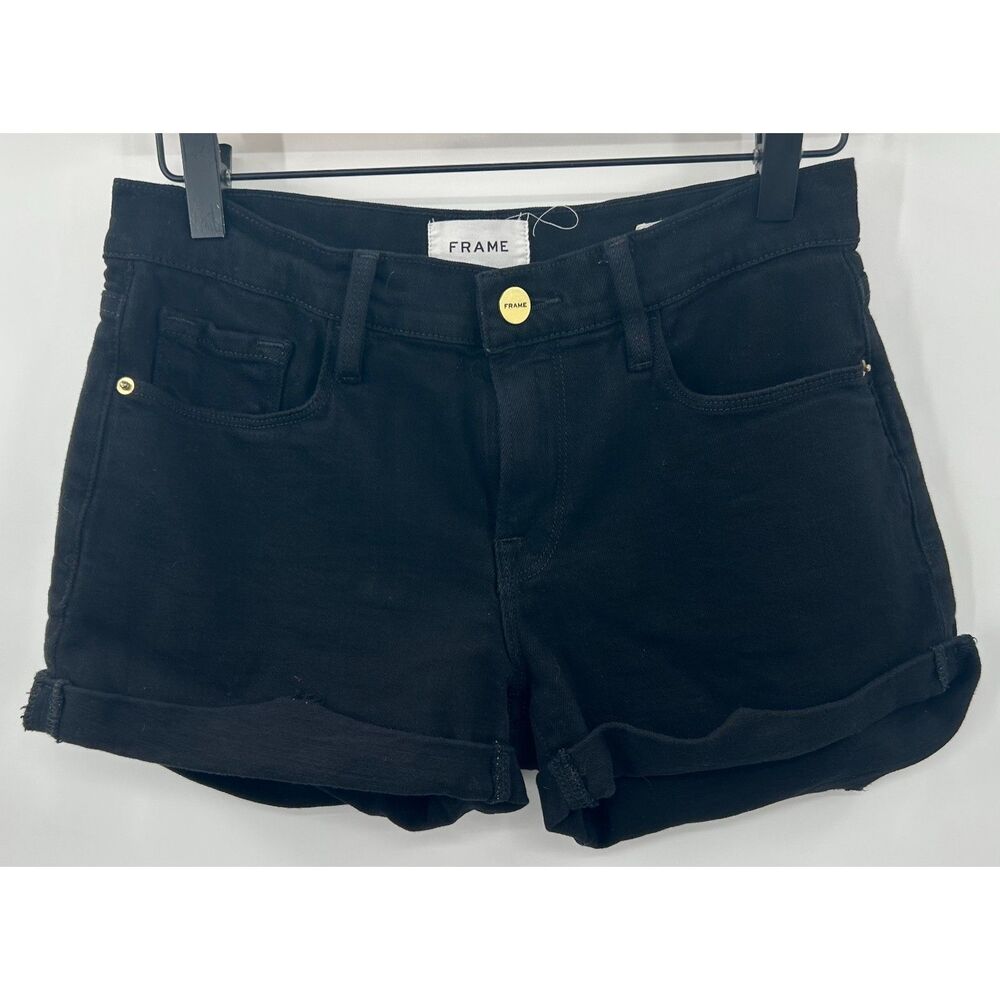 FRAME DENIM Women's Le Cutoff Black Stretch Shorts Raw Hem Pockets Size 24